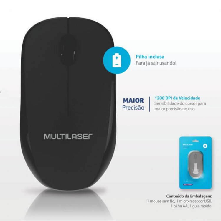 Mouse Sem Fio Slide Conexão Usb 1200dpi 3 Botões c/ Pilha Inclusa Preto – MO309
