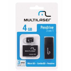 Kit 3 em 1 Pen drive + Adaptador SD + Cartão De Memória Classe 4 com Trava de Segurança 4GB Preto Multilaser – MC057
